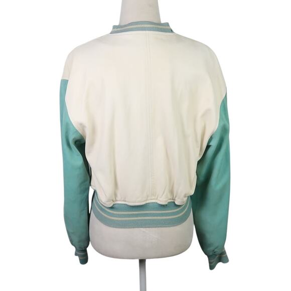 Vintage 90s Nancy Heller Cream and Turquoise Leather Bomber Jacket 2 - Picture 4 of 7